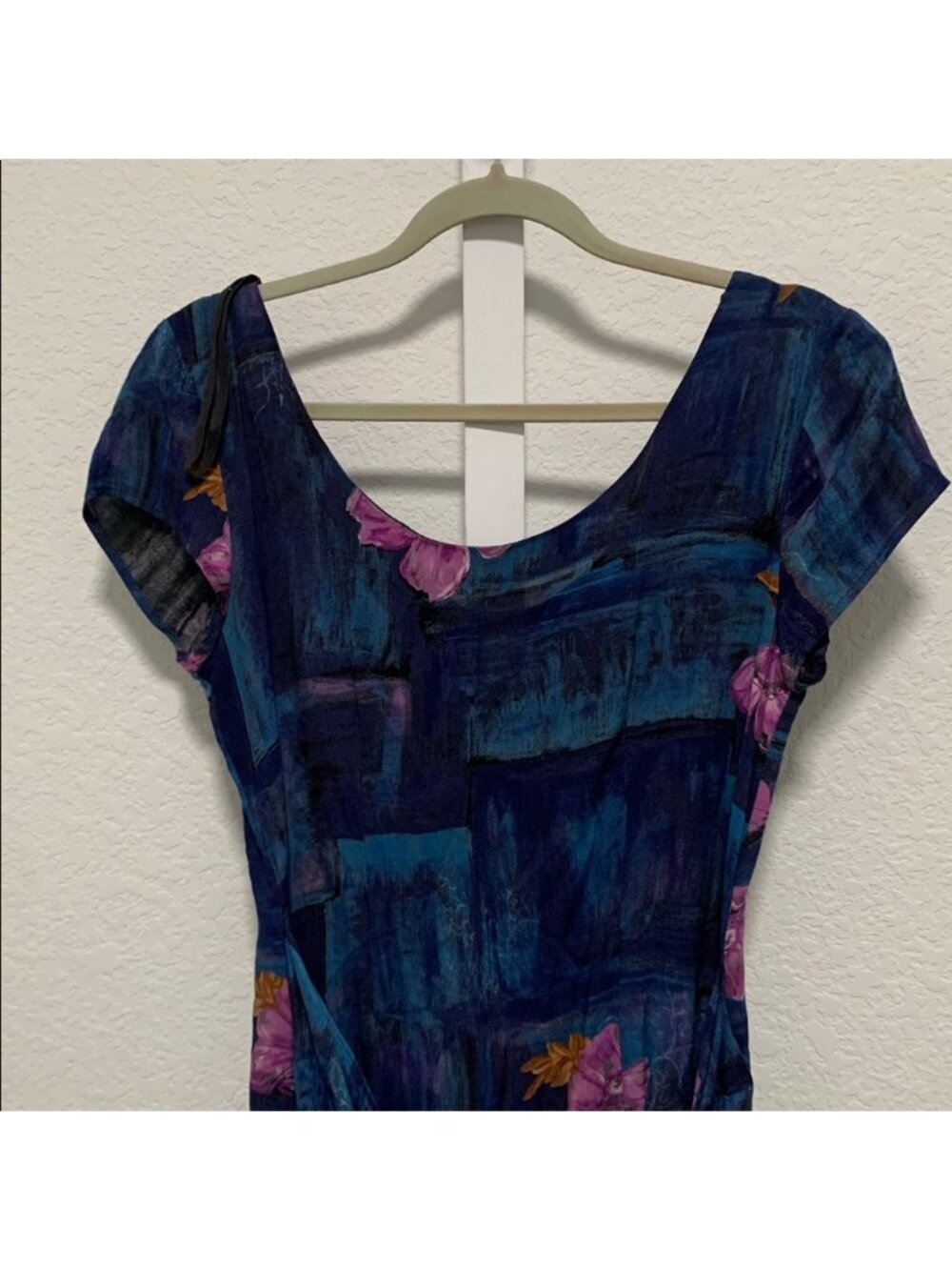 Y2K IN San Francisco Boho Tropical Floral Print Faux Wrap Short Sleeve Dress